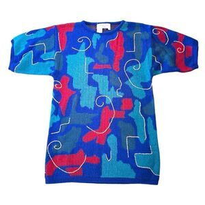 Vintage Michelle Stuart Petite Abstract 80s Knit Blue Sweater